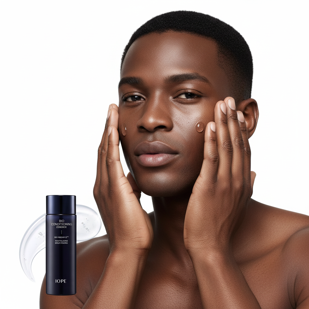 Black male model applying IOPE Men Bio Conditioning Essence, hydrating men's essence, premium Korean skincare for all skin types
