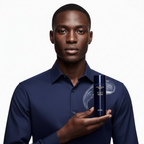 Black male model holding IOPE Men Bio Conditioning Essence 145ml bottle, radiant healthy skin, luxury Korean men's skincare
