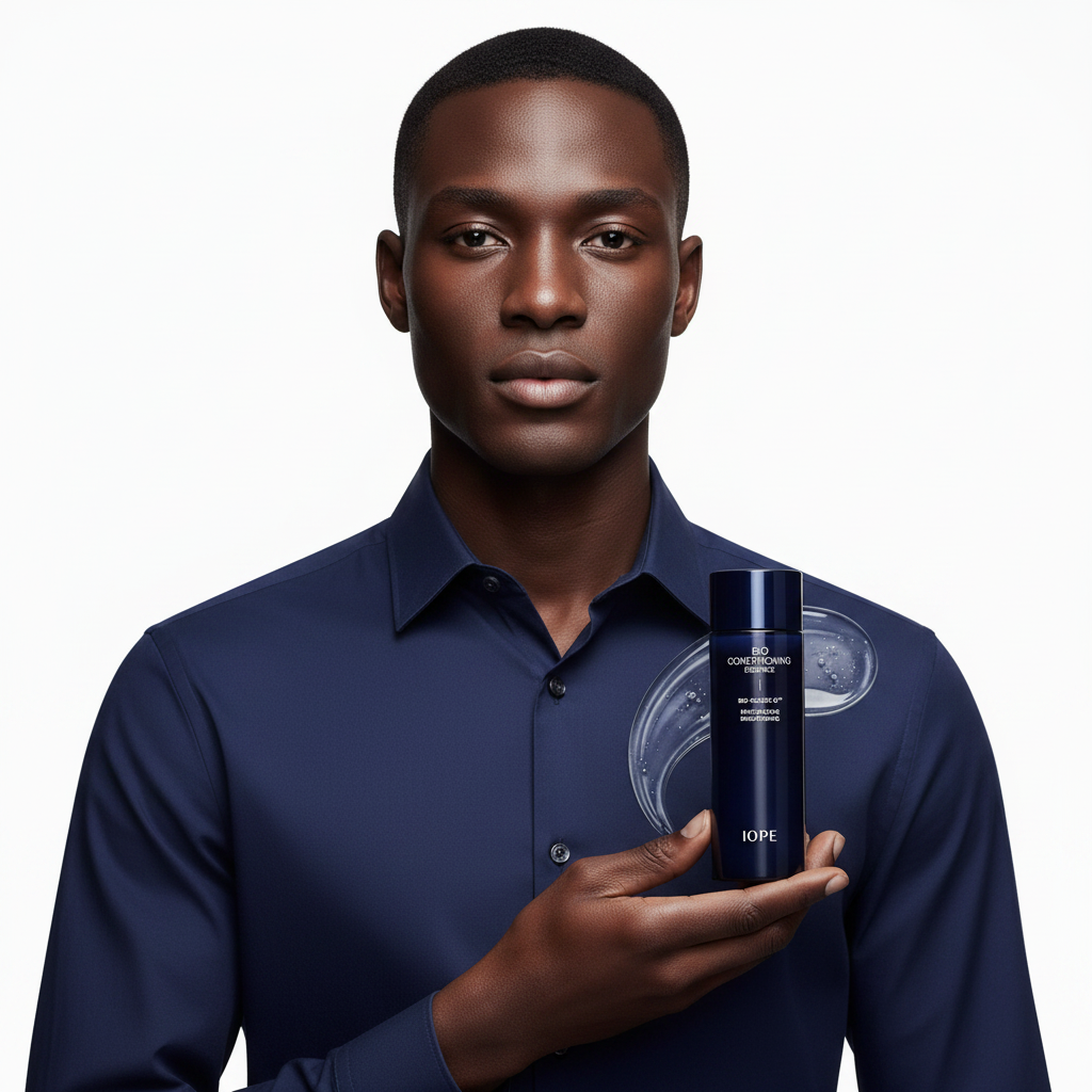Black male model holding IOPE Men Bio Conditioning Essence 145ml bottle, radiant healthy skin, luxury Korean men's skincare
