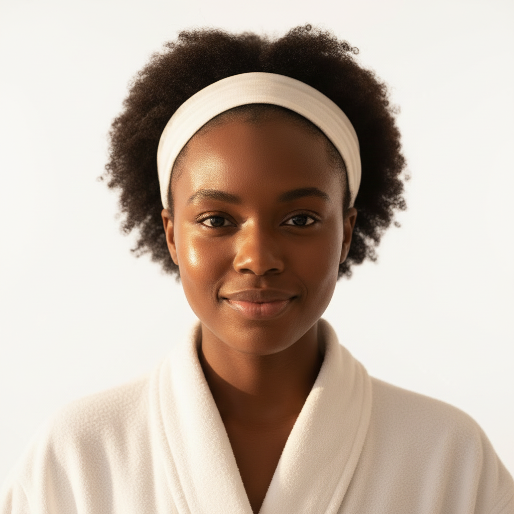 Black woman with radiant glowing luminous skin after removing I'm From Rice Sheet Mask, looking at camera with confident smile, bright even complexion, no makeup, premium K-beauty skincare after result
