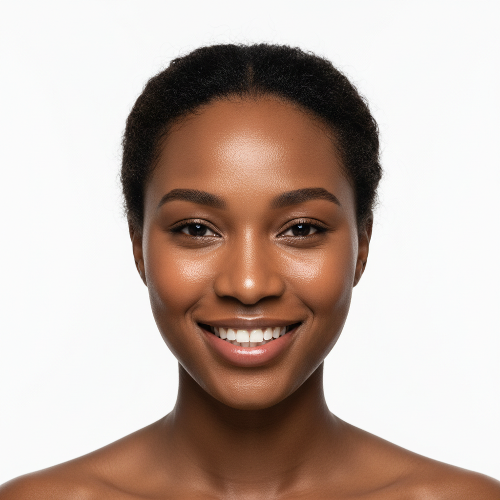 Black woman with bright luminous glass-like skin after using SKINFOOD Rice Brightening Serum, radiant even complexion, K-beauty result
