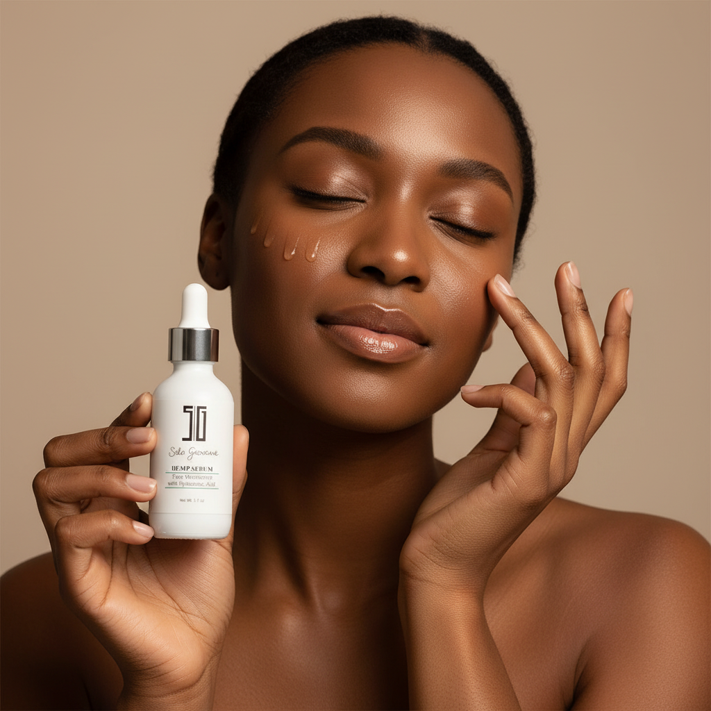 Black woman applying SG Hemp Serum drops onto face naturally, inclusive skincare lifestyle — Glow Ritual
