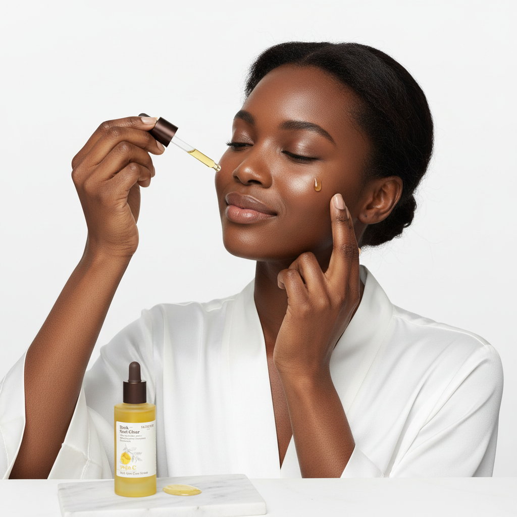 Black woman applying SKINFOOD Yuja C brightening serum — dark spot treatment skincare routine
