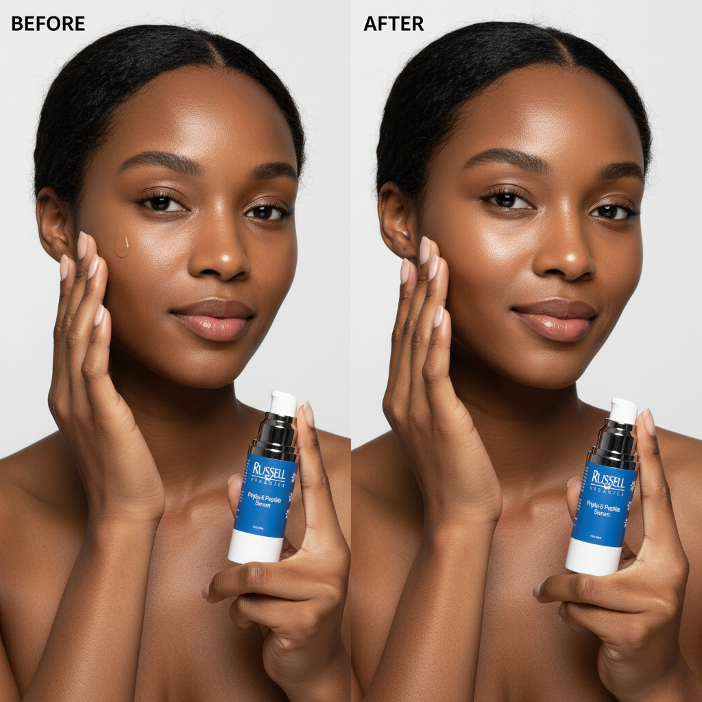 Black woman before and after using Phyto-5 Peptide Serum — visibly brighter firmer glowing skin transformation — Glow Ritual
