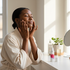Black woman naturally applying Superfood Oil Serum at vanity, candid morning skincare routine lifestyle photo

