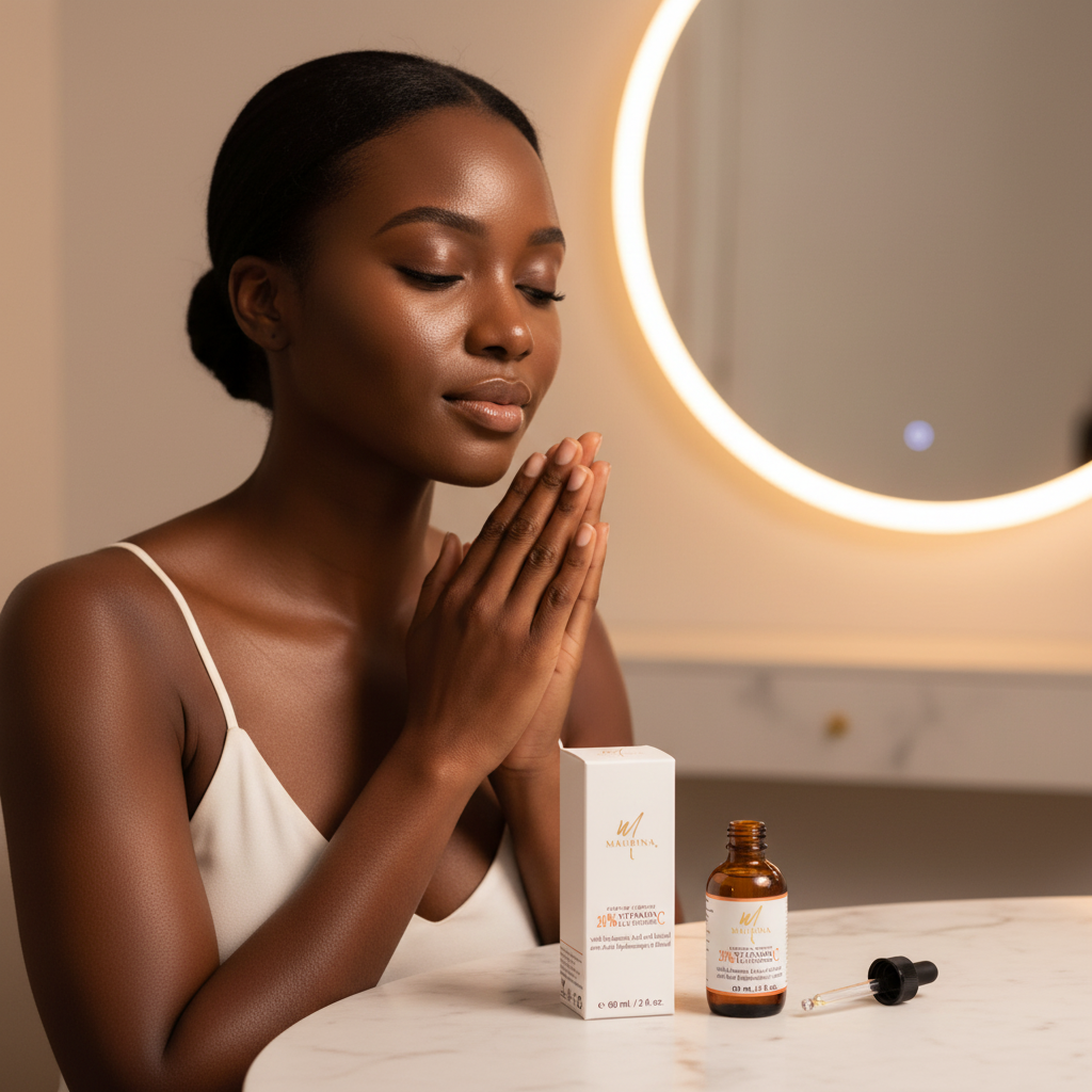 Black woman pressing both palms onto face in K-beauty hand press technique, Vitamin C serum bottle open on marble vanity table, radiant even glowing skin

