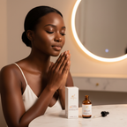 Black woman pressing both palms onto face in K-beauty hand press technique, Vitamin C serum bottle open on marble vanity table, radiant even glowing skin
