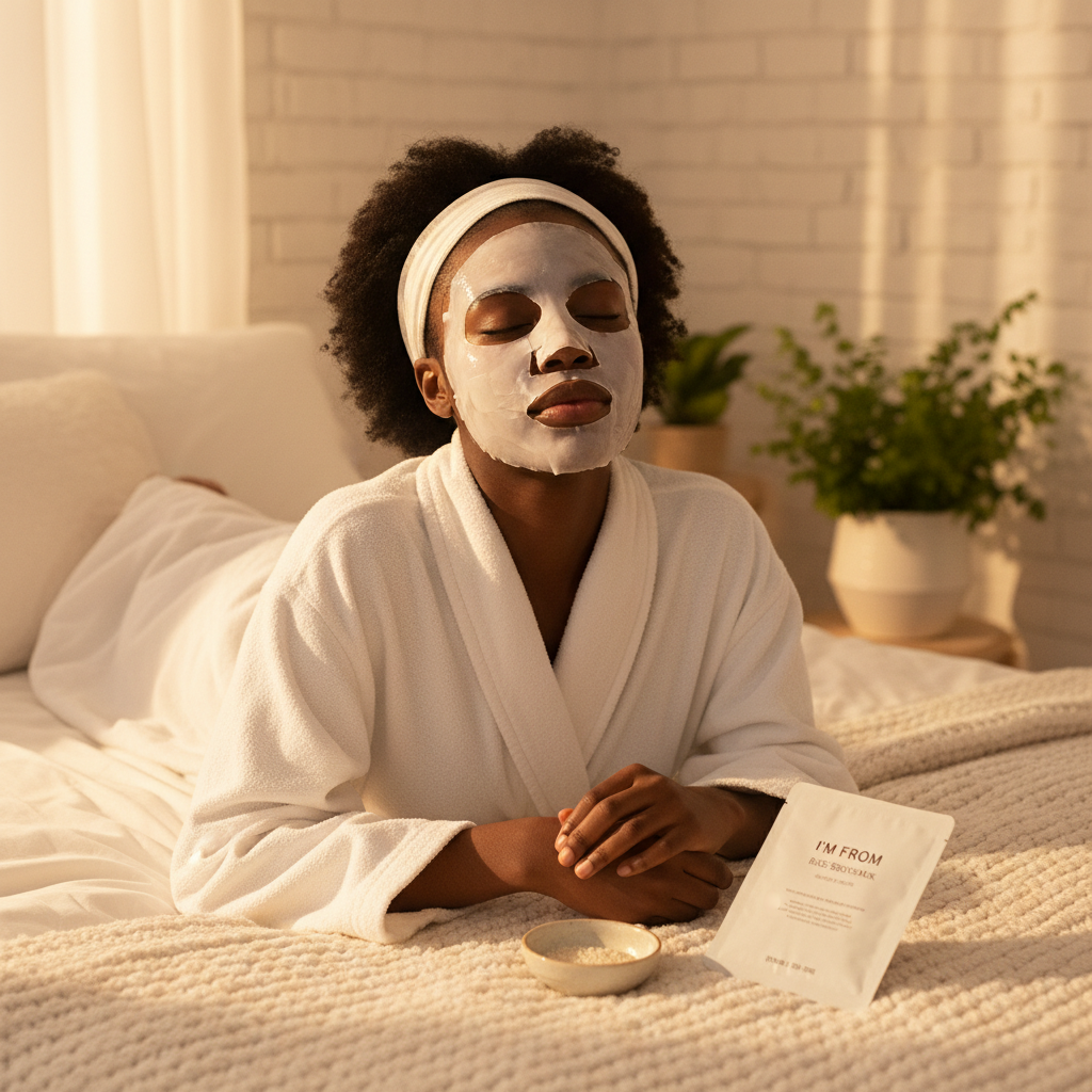 Black woman lying down relaxing with white sheet mask applied to face, eyes closed peacefully, I'm From Rice Sheet Mask packet visible beside her, soft warm ambient lighting, K-beauty self-care lifestyle editorial
