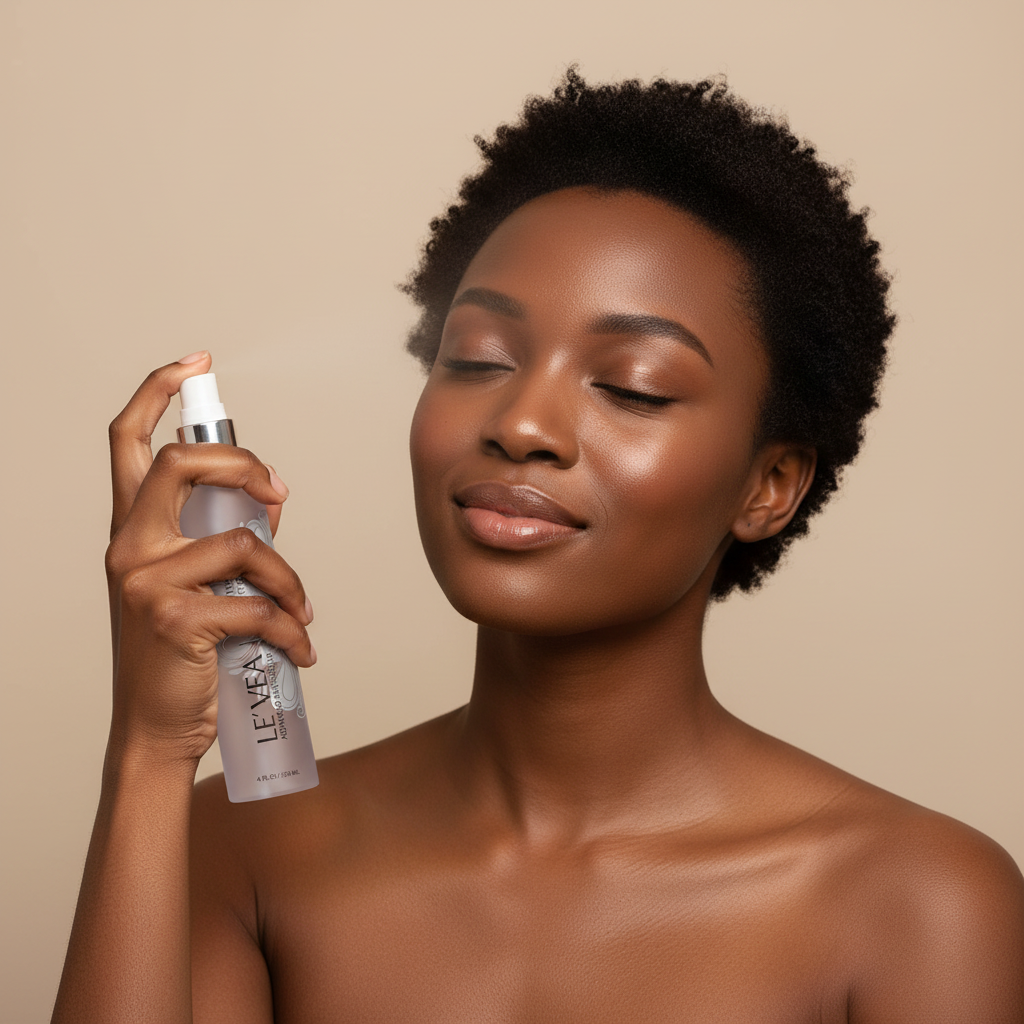 Black woman spraying LE'VEA Phyto-Repair Toner onto face naturally, inclusive skincare lifestyle — Glow Ritual
