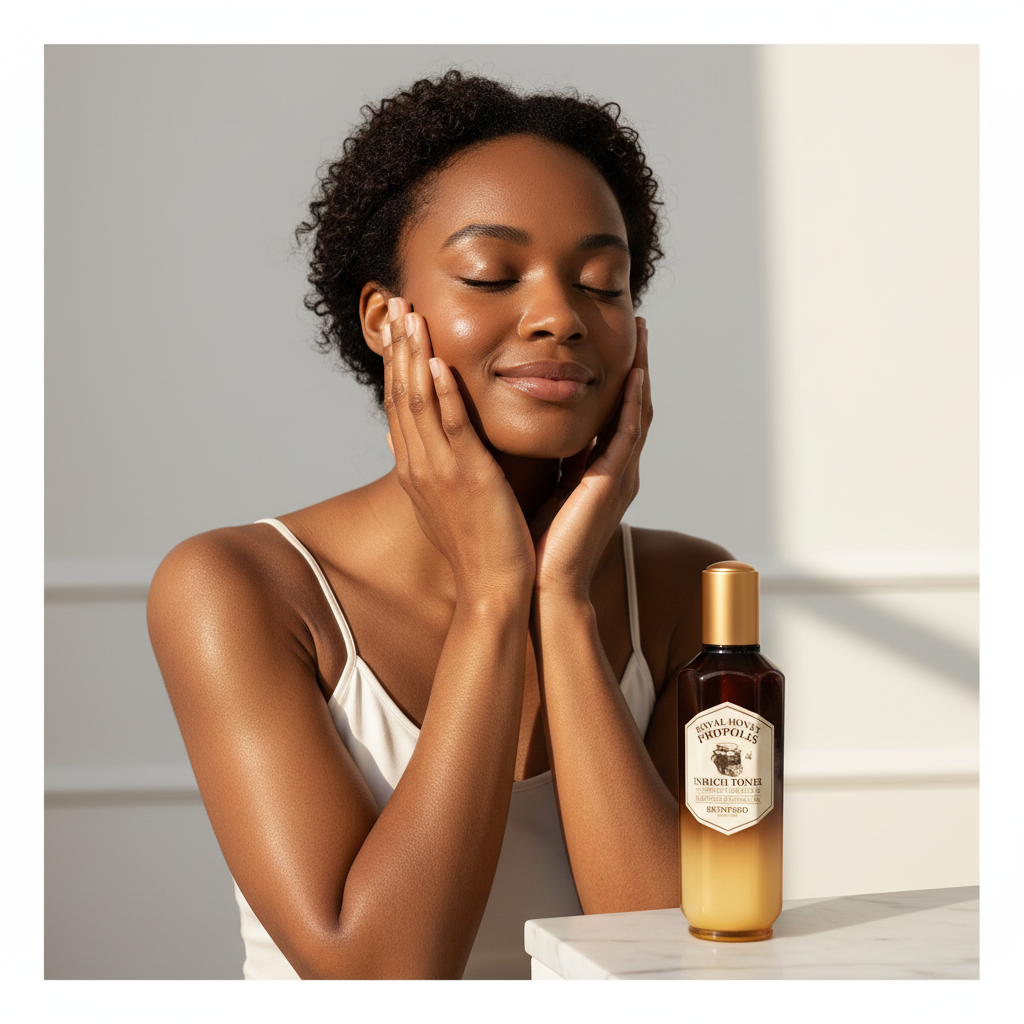 Black woman applying SKINFOOD Royal Honey Propolis toner to face — nourishing skincare routine

