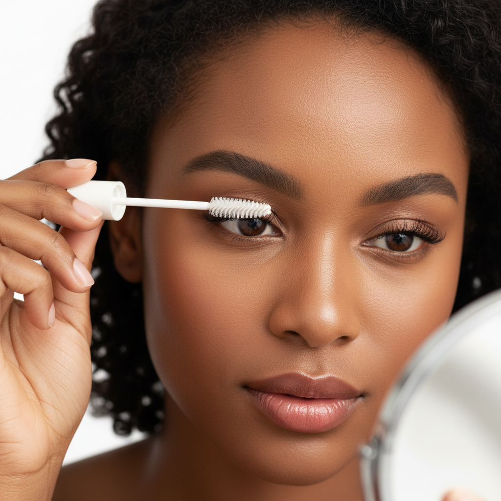 Black woman precisely applying CLIO Kill Lash Mascara Remover brush to eyelashes
