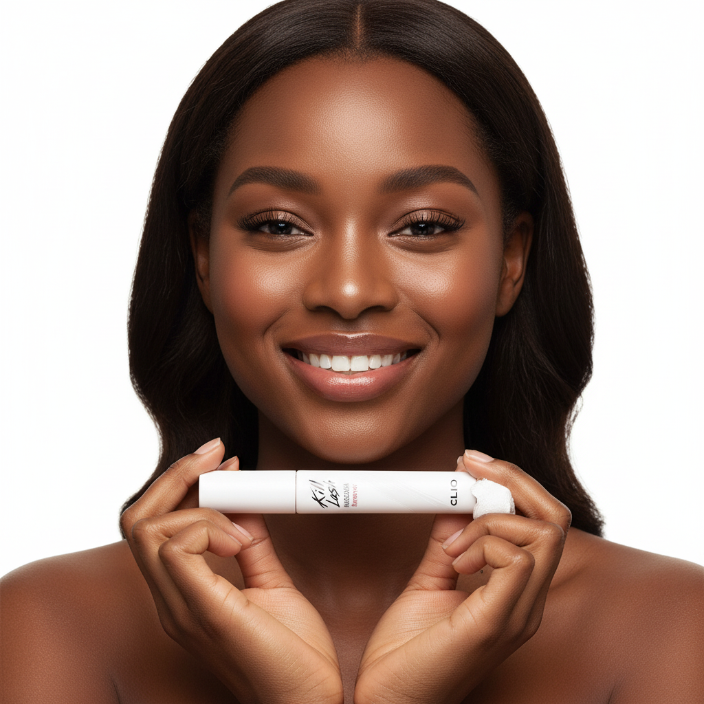 Black woman holding CLIO Kill Lash Mascara Remover white tube, K-beauty skincare editorial
