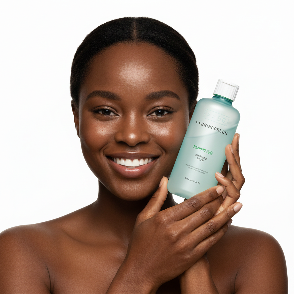 Black woman holding BRINGGREEN Bamboo Hyalu Hydrating Toner aqua blue bottle, K-beauty skincare editorial
