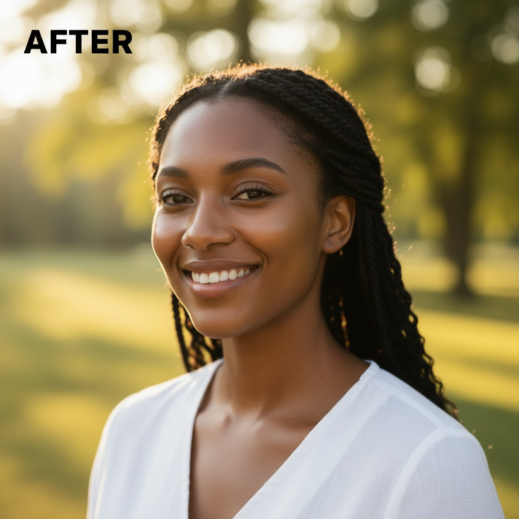 AFTER - Black woman with radiant glowing skin after applying Beauty of Joseon Relief Sun Rice + Probiotics SPF50+ sunscreen
