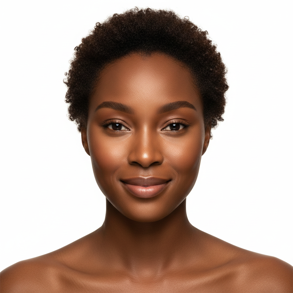 Black woman with bright luminous wide-awake eyes after using SKINFOOD Salmon Dark Circle Eye Concealer Cream
