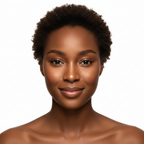 Black woman with bright luminous wide-awake eyes after using SKINFOOD Salmon Dark Circle Eye Concealer Cream
