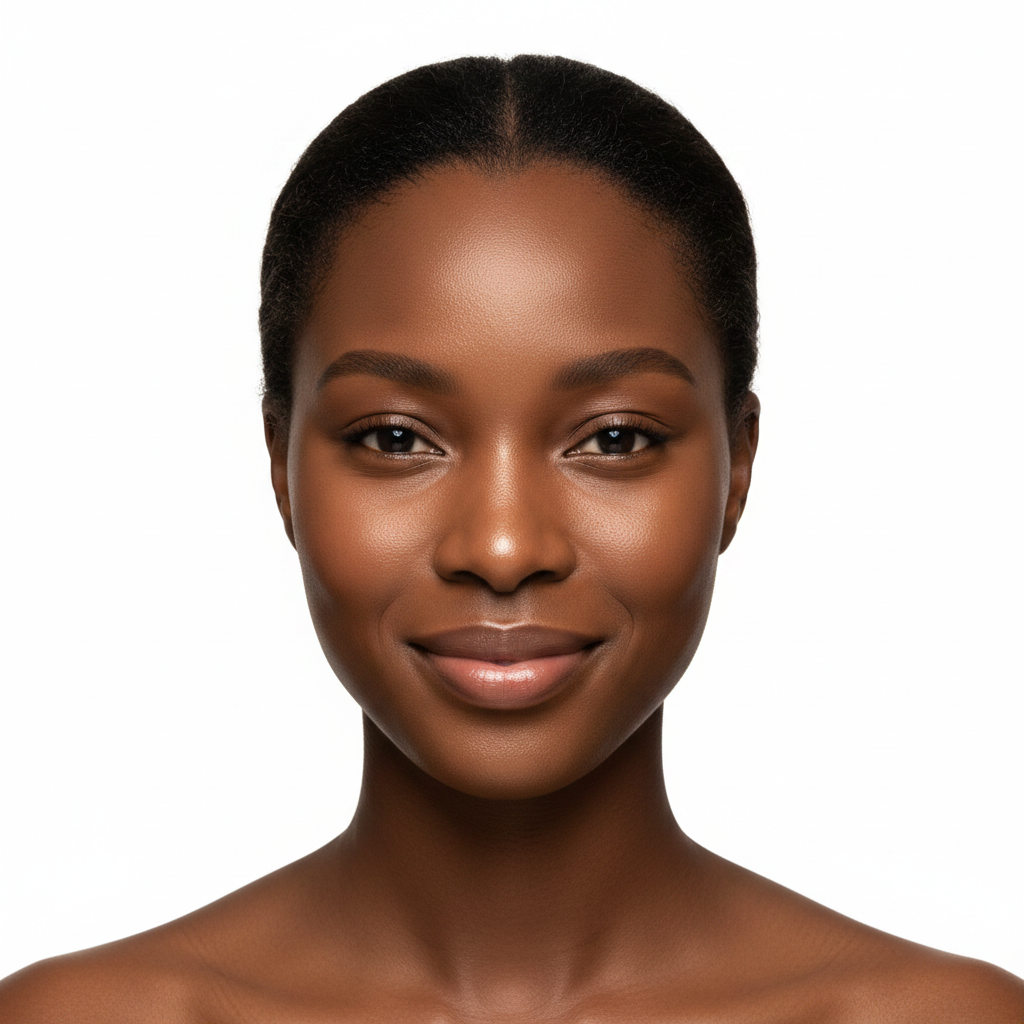 Black woman with clear smooth matte skin after using SKINFOOD Peach Cotton Zinc PCA Essence
