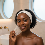 Black woman with luminous glowing skin after I'm From Vitamin Tree Sheet Mask treatment
