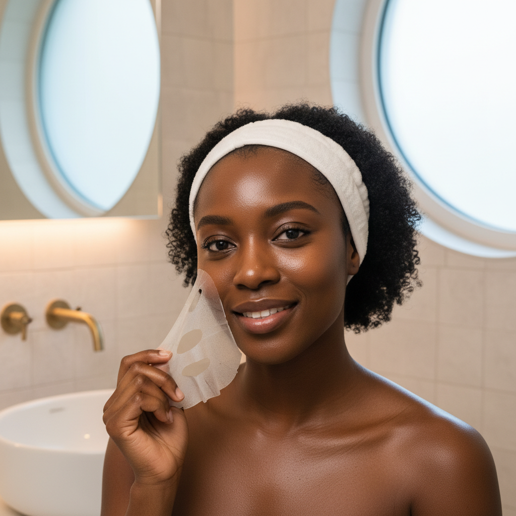 Black woman with luminous glowing skin after I'm From Vitamin Tree Sheet Mask treatment
