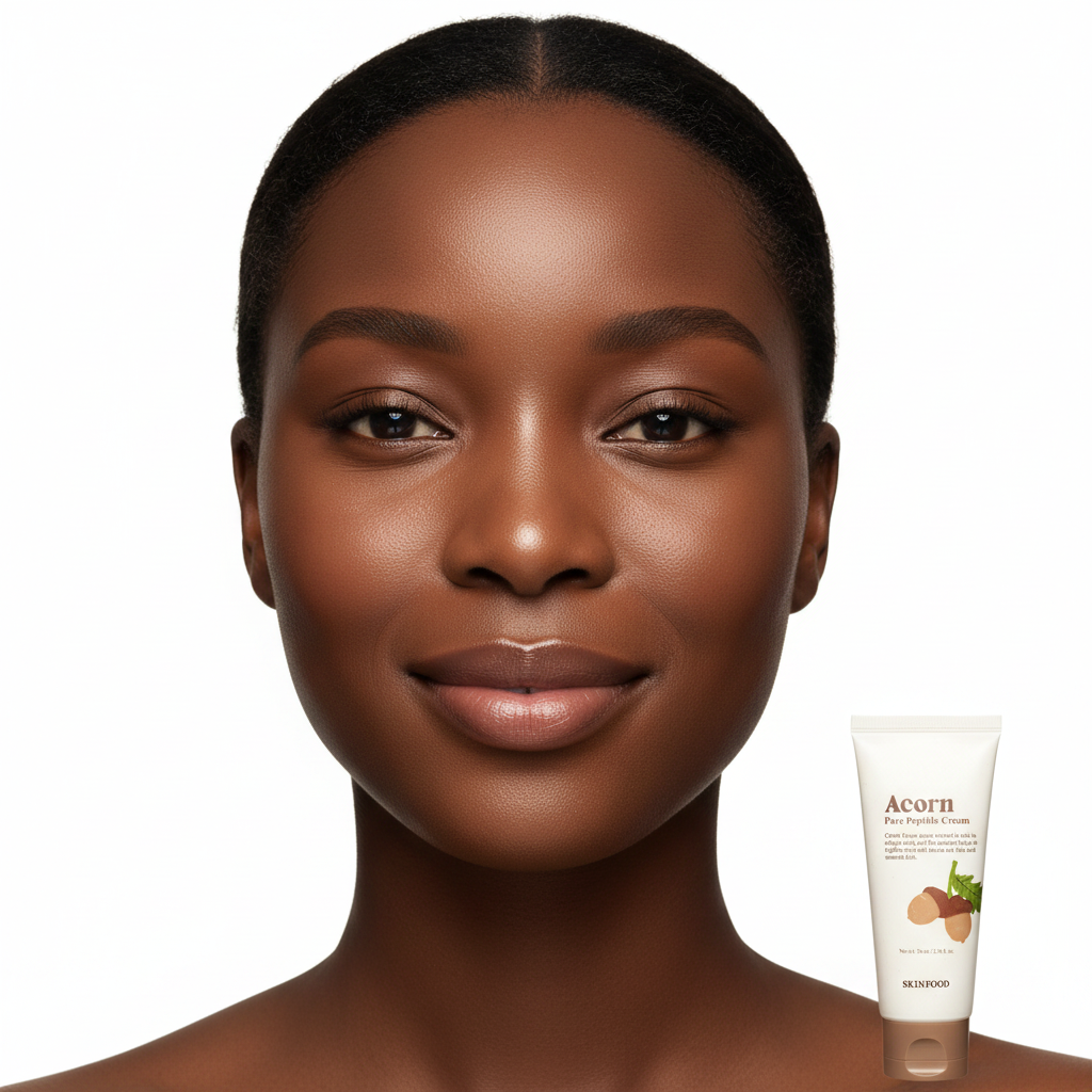 Black woman with visibly smooth firm poreless skin after using SKINFOOD Acorn Pore Peptide Cream
