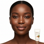 Black woman with visibly smooth firm poreless skin after using SKINFOOD Acorn Pore Peptide Cream
