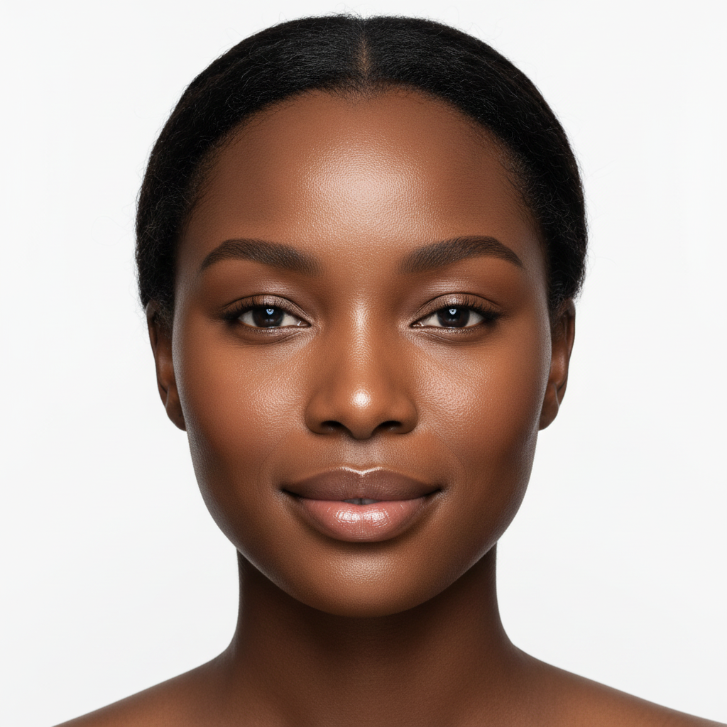 Black woman with deeply hydrated calm glowing skin after using SKINFOOD Blue Chamomile Hyaluronic Ampoule
