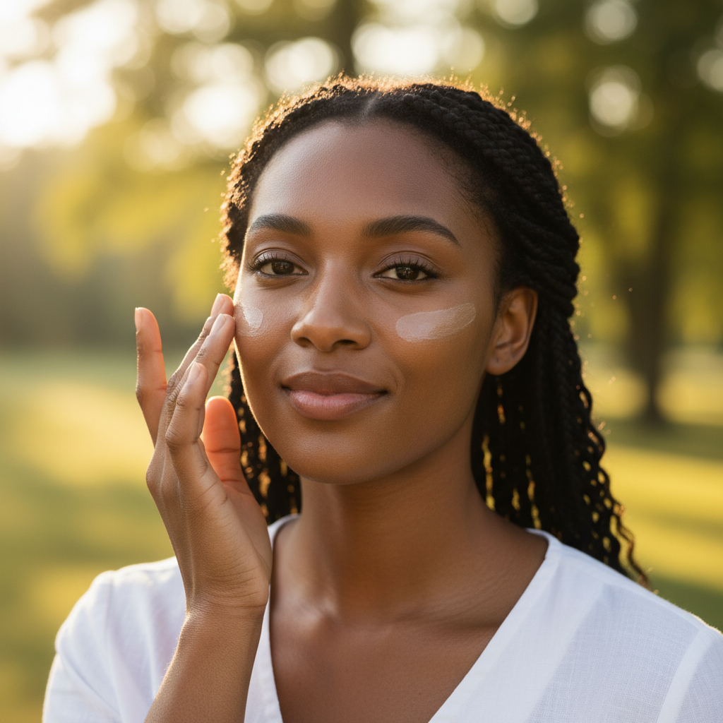 Black woman applying Beauty of Joseon Relief Sun SPF50+ sunscreen in park with golden hour light, BEFORE skincare routine
