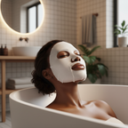 Black woman wearing I'm From Vitamin Tree white sheet mask, premium skincare routine
