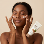 Black woman applying SKINFOOD Acorn Pore Peptide Cream to tighten pores and improve skin elasticity
