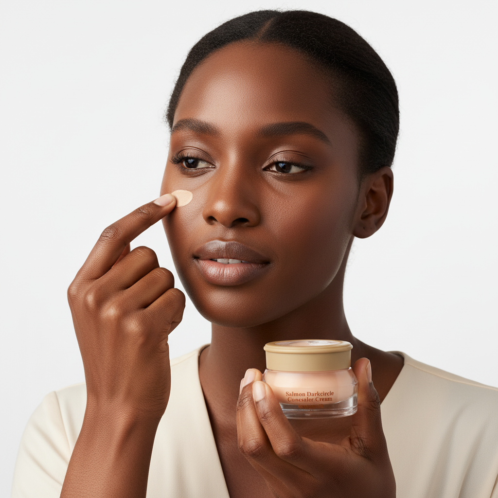 Black woman applying SKINFOOD Salmon Dark Circle Concealer Cream under eye for color-correcting dark circle coverage
