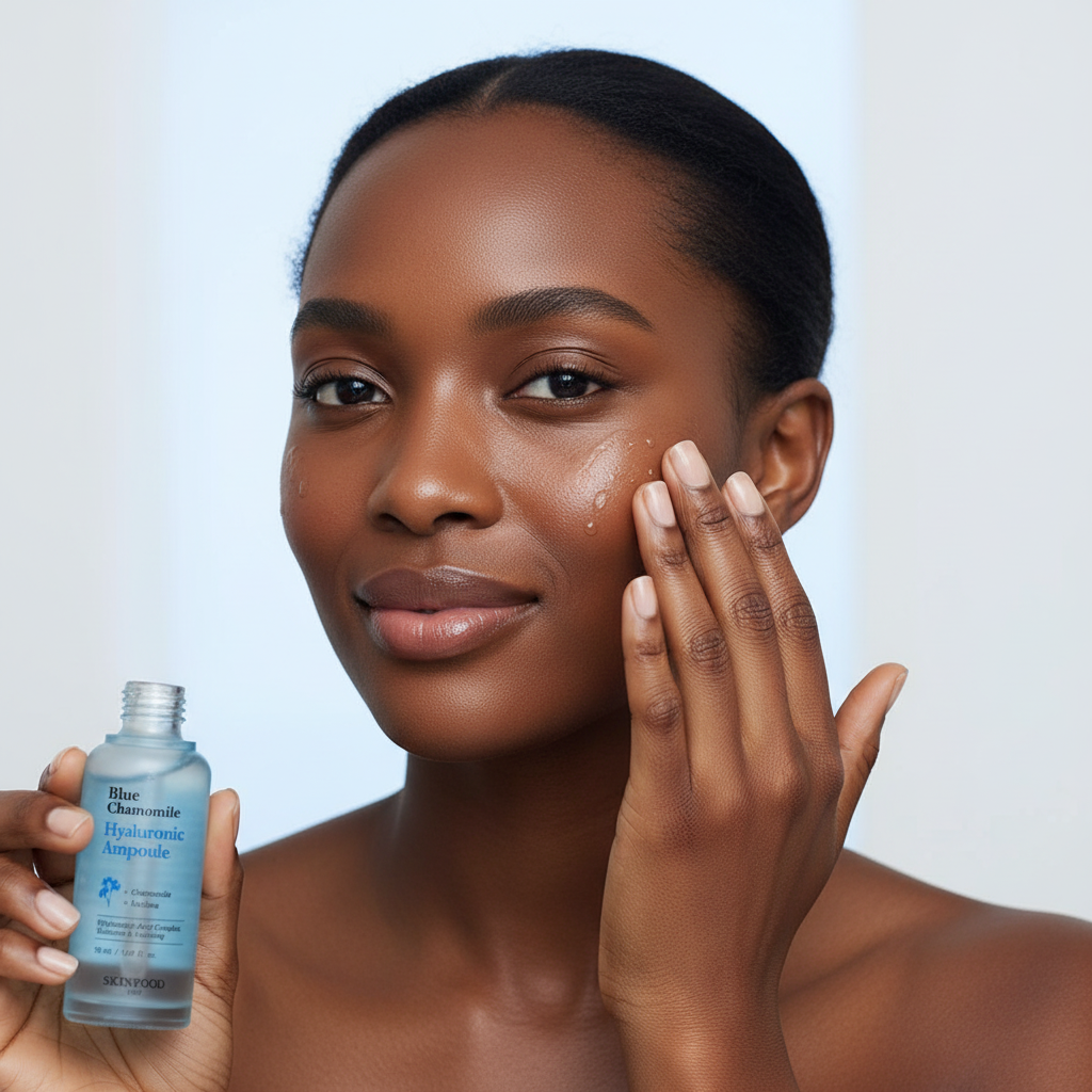 Black woman applying SKINFOOD Blue Chamomile Hyaluronic Ampoule drops to hydrate and soothe sensitive skin
