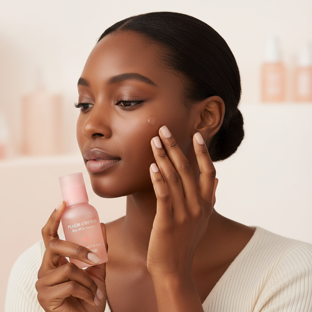 Black woman applying SKINFOOD Peach Cotton Zinc PCA Essence to control excess sebum and refine pores
