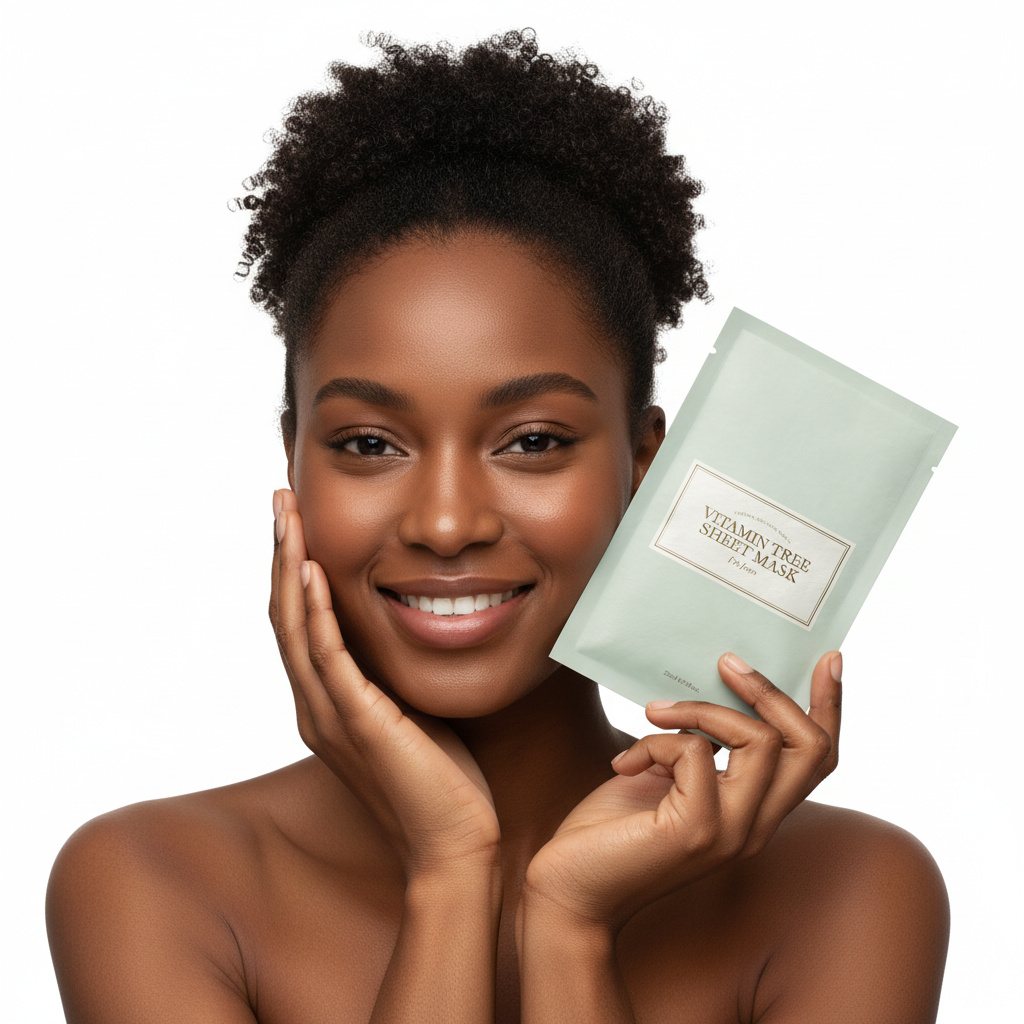 Black woman holding I'm From Vitamin Tree Sheet Mask sage green pouch close to her face, skincare editorial
