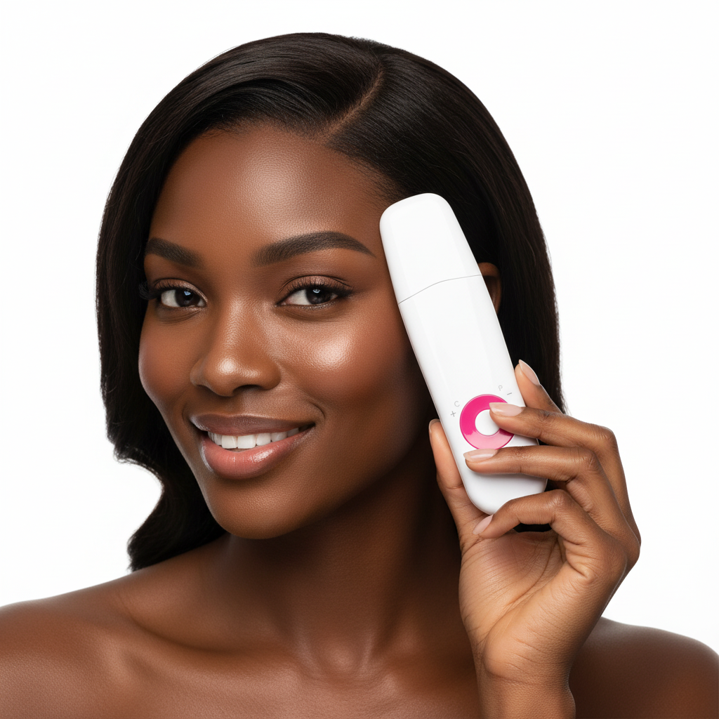 Beautiful Black woman holding a white ultrasonic skin scrubber with dust cap on, hot pink circular button, luxury beauty editorial style
