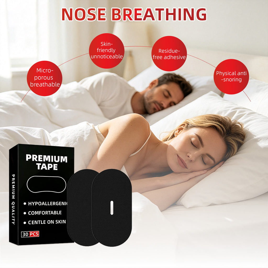 Couple sleeping with Mouth Tape for Sleep applied on lips — nasal breathing, micro-porous breathable, residue-free adhesive, physical anti-snoring — Glow Ritual

