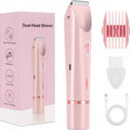 Pink rechargeable waterproof dual-head shaver with box showing dual-head design, waterproof, dual power and Type-C charging features
