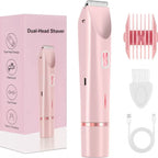Pink rechargeable waterproof dual-head shaver with box showing dual-head design, waterproof, dual power and Type-C charging features
