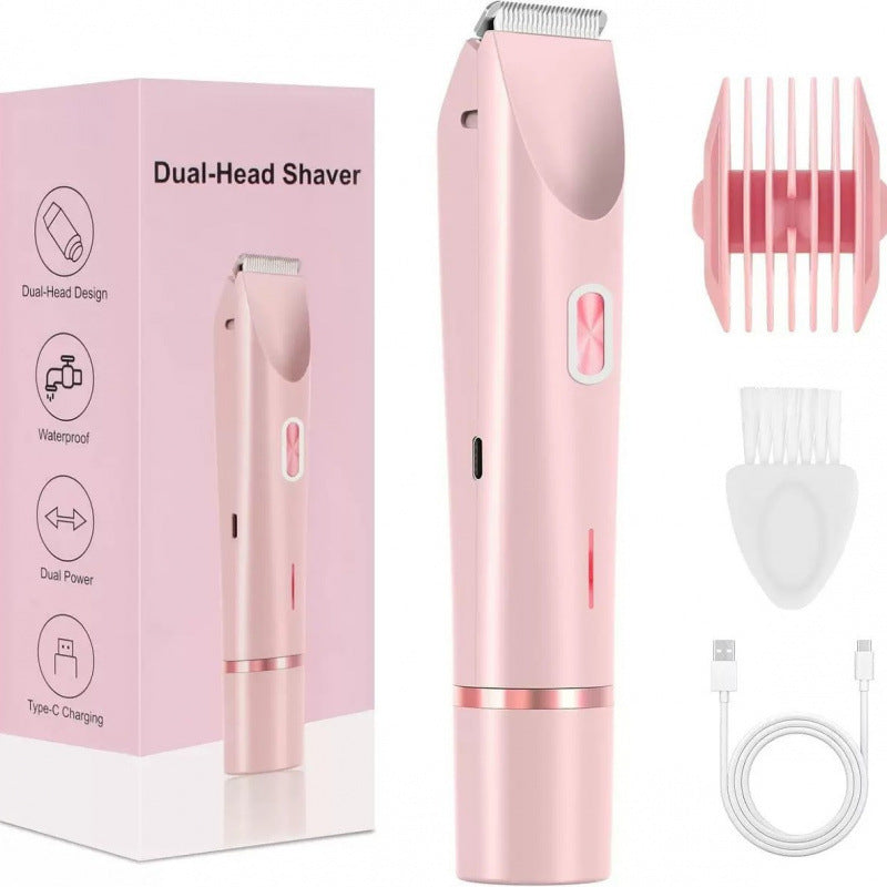 Pink rechargeable waterproof dual-head shaver with box showing dual-head design, waterproof, dual power and Type-C charging features
