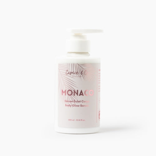 Monaco Body Glow Serum 300ml pump bottle — white and soft pink label, luxury vegan body serum by Glow Ritual
