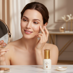 Caucasian woman gently applying SKINFOOD Gold Caviar Lifting Eye Serum with fingertip under eye area, premium K-beauty anti-aging skincare lifestyle editorial
