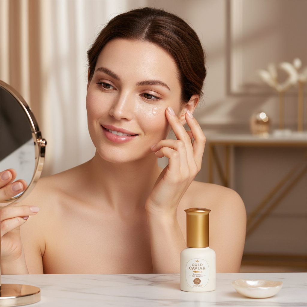 Caucasian woman gently applying SKINFOOD Gold Caviar Lifting Eye Serum with fingertip under eye area, premium K-beauty anti-aging skincare lifestyle editorial
