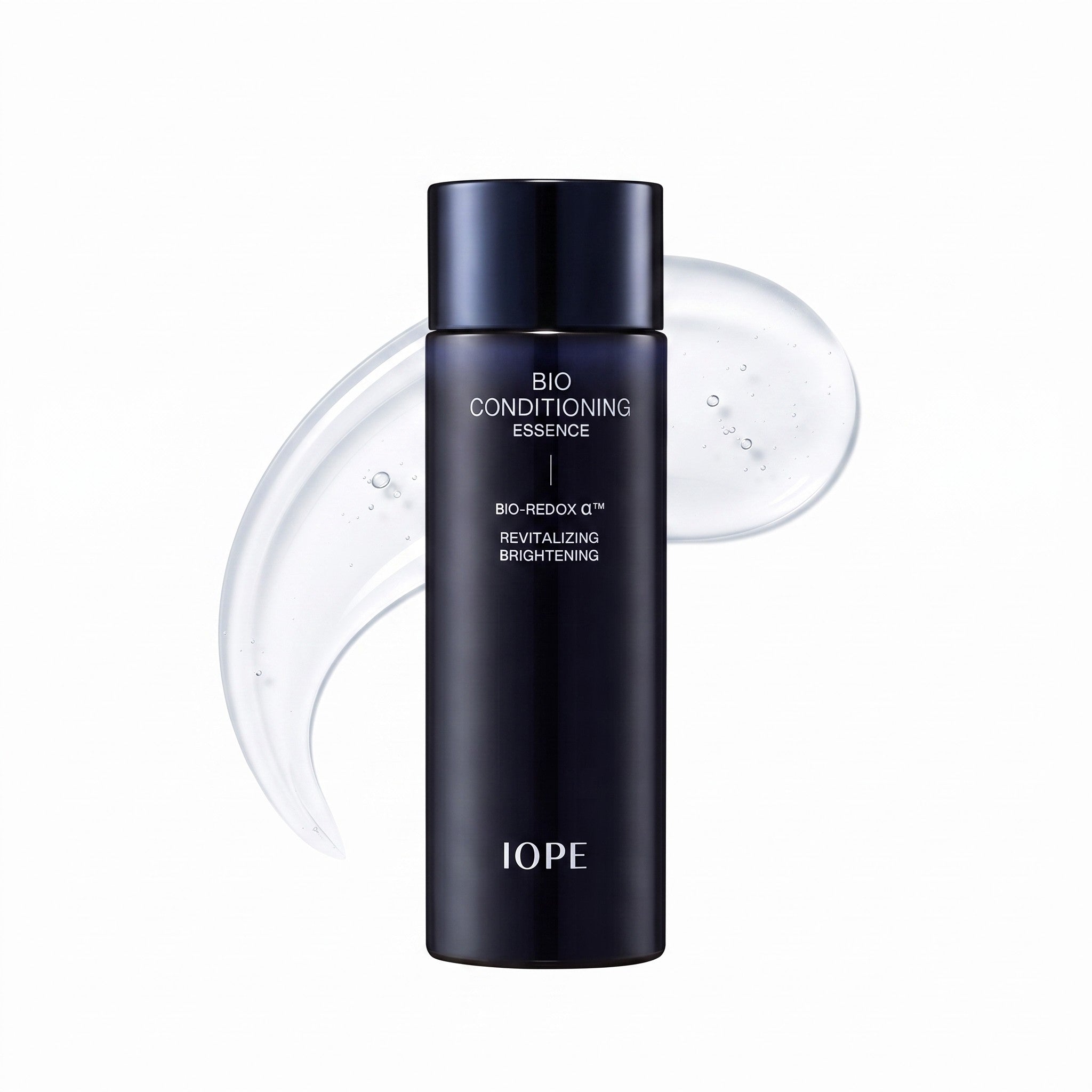 IOPE Men Bio Conditioning Essence 145ml – BIO-REDOX Alpha Technology, Revitalizing and Brightening men's essence, dark navy bottle with gel texture swatch on white background
