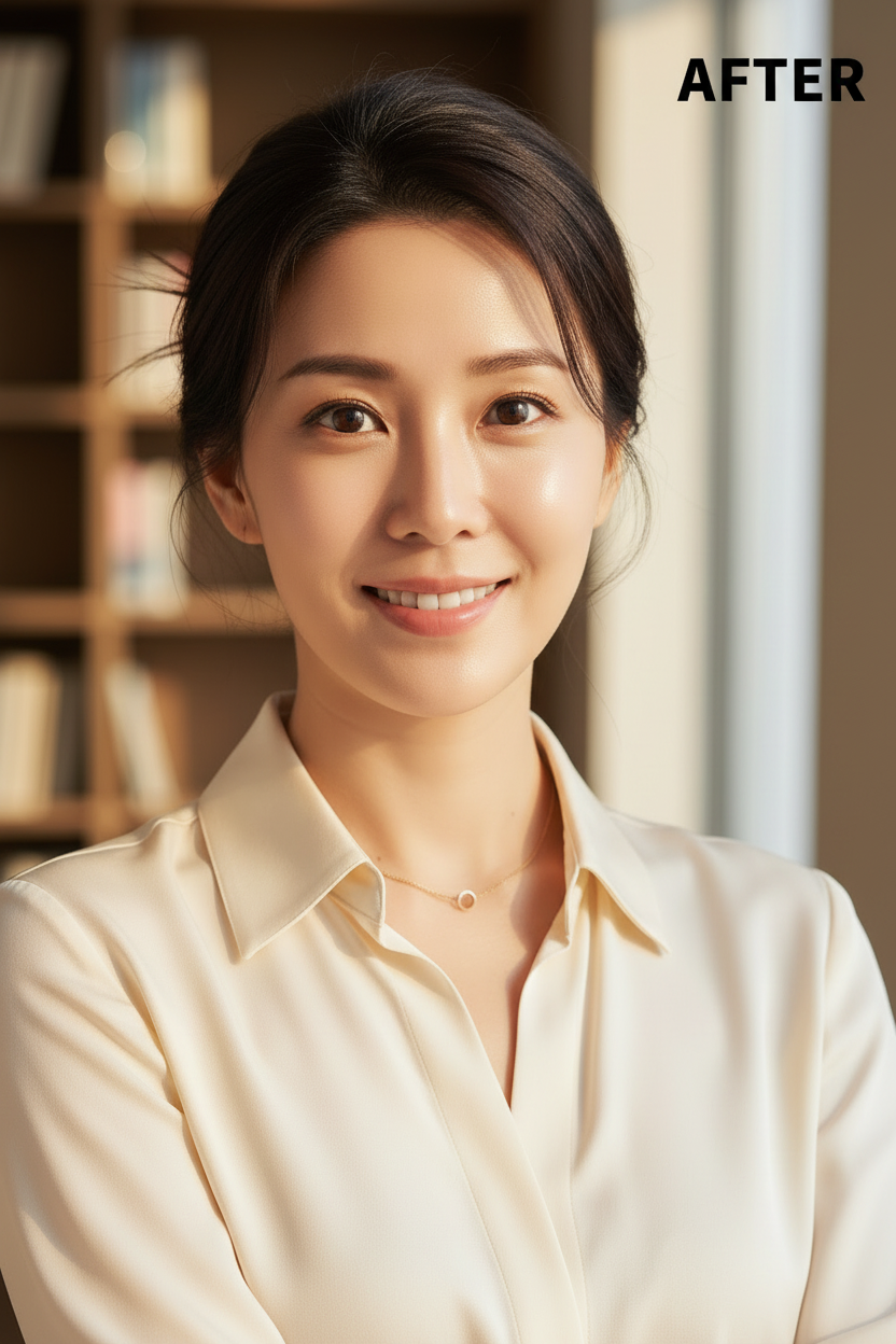 COSRX 5 PDRN Hydrogel Eye Patch AFTER – Korean model with bright depuffed luminous under-eye area after collagen hydrogel eye patch treatment
