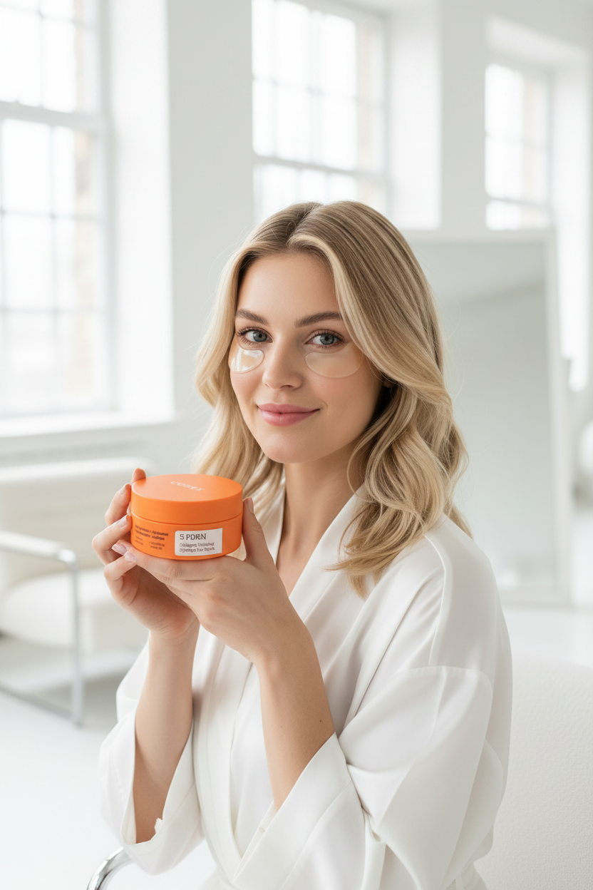 COSRX 5 PDRN Collagen Vitalizing Hydrogel Eye Patch – Western model holding orange jar of 60 K-beauty collagen eye patches for dark circles
