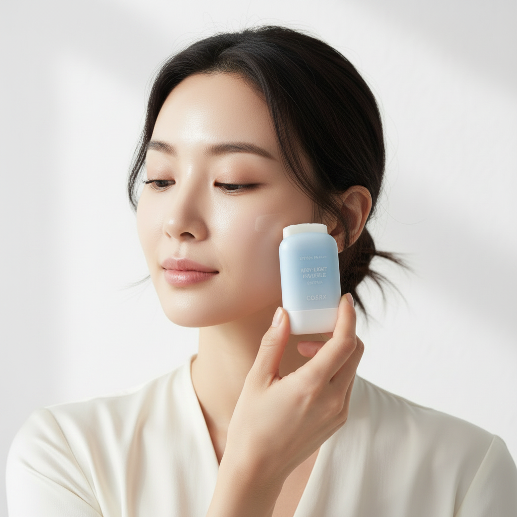 COSRX Airy-Light Invisible Sun Stick SPF50+ PA++++ 19g – Korean model applying open sun stick onto cheek for airy lightweight invisible SPF protection
