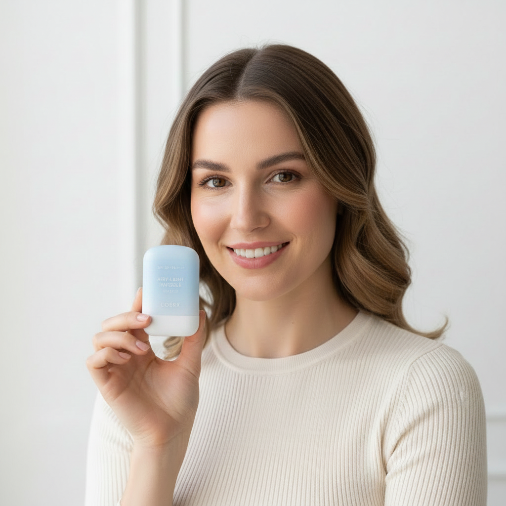 COSRX Airy-Light Invisible Sun Stick SPF50+ PA++++ 19g – Western model holding sun stick for lightweight invisible SPF50+ sun protection and daily skincare
