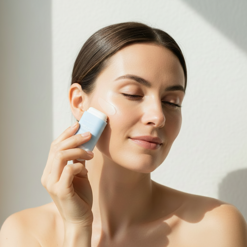 COSRX Airy-Light Invisible Sun Stick SPF50+ PA++++ 19g – Western model applying open sun stick onto cheek in sunlit room for invisible SPF50+ protection
