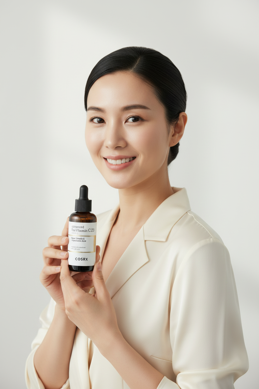 COSRX Vitamin C 23 Serum – Smiling Asian model holding amber serum bottle for K-beauty brightening skincare routine
