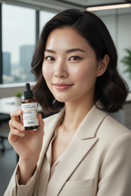 COSRX Vitamin C 23 Serum – Elegant Asian model holding COSRX vitamin C dropper bottle with glowing clear skin
