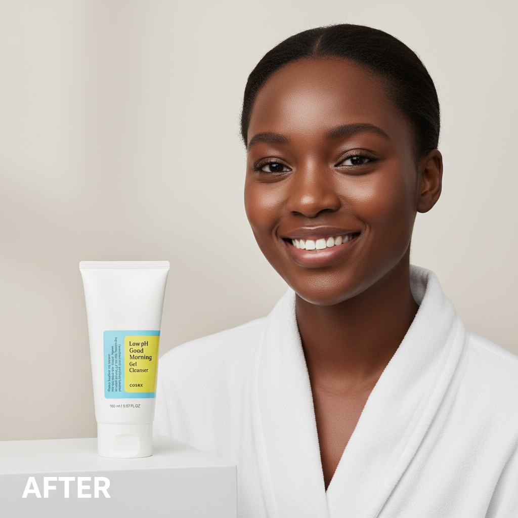 Black female model after cleansing with COSRX Low pH Good Morning Gel Cleanser - visibly clean, smooth and glowing skin, fresh balanced complexion, Korean skincare
